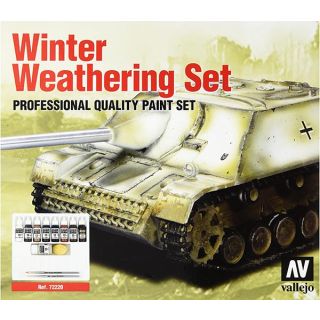 Vallejo Winter Weathering Set – 8 Colors + Auxiliaries + 2 Brushes + Palette + Sponge